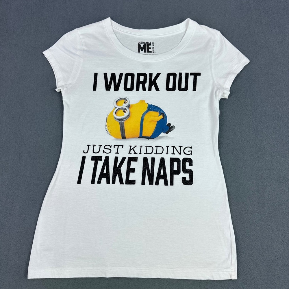 Despicable Me Minion Made Womens Large White I Work Out I Take Naps Graphic Tee